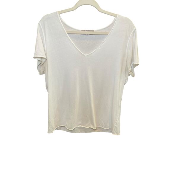 ALLSAINTS Women Large Emelyn V-Neck Tonic T-Shirt -‎ Chalk White Cotton Raw Hem - Picture 3 of 12